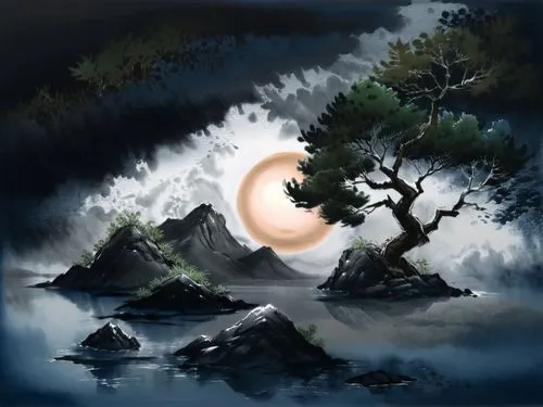 the painting depicts three trees near the waters and a rising moon,moonlit night,japanese art,wudang,world digital painting,okami,yinyang,Illustration,Paper based,Paper Based 30