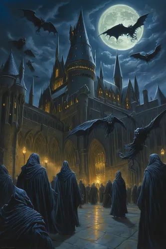 hogwarts,castle of the corvin,haunted cathedral,gothic architecture,haunted castle,witch's house,hall of the fallen,ghost castle,halloween background,fantasy picture,halloween poster,heroic fantasy,murder of crows,halloween ghosts,gargoyles,hamelin,witch house,fantasy art,halloween and horror,halloween scene,Illustration,Realistic Fantasy,Realistic Fantasy 03