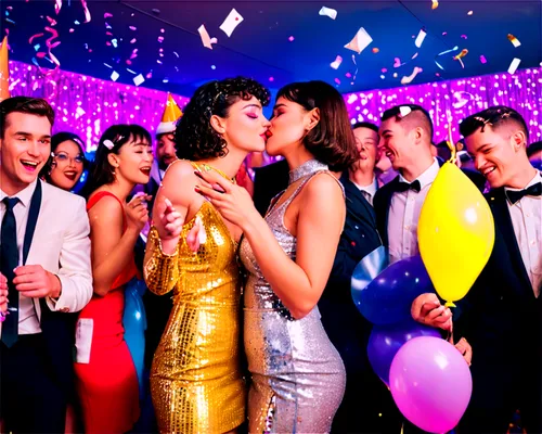 New Year's Eve scene, countdown party, crowded dance floor, confetti balloons, glittering decorations, champagne bottles, party hats, 3/4 composition, low-angle shot, vibrant colors, bokeh lights, sha