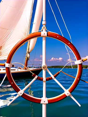 Sailing yacht, white sail, blue hull, shiny surface, golden railings, wooden deck, captain's wheel, navigation instruments, safety ropes, lifebuoy, speed lines, wave splashes, sunny sky, soft focus ba