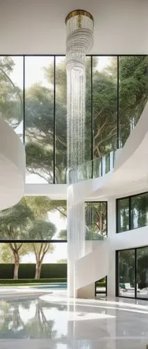 Modern French architecture, luxurious villa, sleek lines, white marble, large glass windows, sliding doors, minimalist decor, elegant spiral staircase, high ceilings, grand chandelier, lavish furnishi