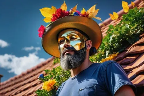 Texas-based architectural roofing company, mature bearded man, blue denim shirt, yellow hard hat, tool belt, standing on a ladder, inspecting roof tiles, villa-style building, red Spanish roof tiles, 