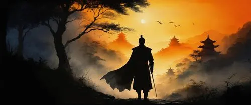 a man with a cane is looking out into the sunset,halloween silhouettes,silhouette of man,halloween background,man silhouette,silhouette art, silhouette