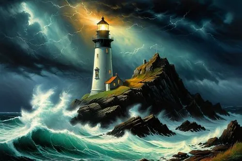 electric lighthouse,lighthouse,light house,lighthouses,phare,sea storm,Illustration,Realistic Fantasy,Realistic Fantasy 32