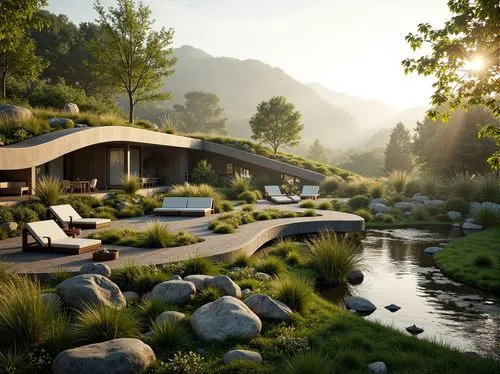 render,3d rendering,3d render,landscaped,renders,3d rendered,streamside,grass roof,rendered,summer cottage,landscape design sydney,house in the mountains,home landscape,house by the water,landscaping,creekside,cryengine,landscape designers sydney,idyllic,house in mountains