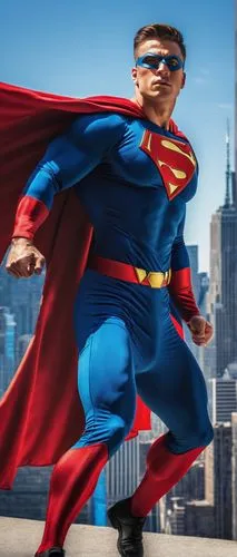 Muscular male, superhero, standing, powerful pose, cape flowing in wind, red and blue costume, emblem on chest, determined facial expression, intense gaze, strong jawline, short spiky hair, no glasses