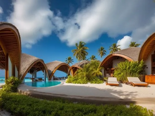 THATCHED ROOF MALDIVES LUXURIOUS RESORT ON BEACHFRONT WITH SAND , THATCHED ROOF FINISH, 8k ultra realistic,over water bungalows,cook islands,moorea,mustique,maldive,amanresorts,tahiti,aitutaki,french 