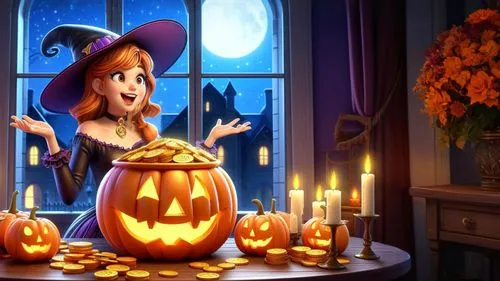 the wizard with her spell in a pumpkin bowl,halloween background,halloween witch,halloween scene,halloween banner,kirdyapkin,halloween wallpaper