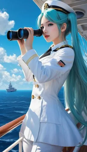 at sea,marineau,mikuriya,delta sailor,azzurra,naval,yachtswoman,nautical star,senkaku,cocaptain,on a yacht,hatsune miku,binoculars,ahoy,torpedoing,on ship,easycruise,ukyo,hmas,kantai,Conceptual Art,Fantasy,Fantasy 03