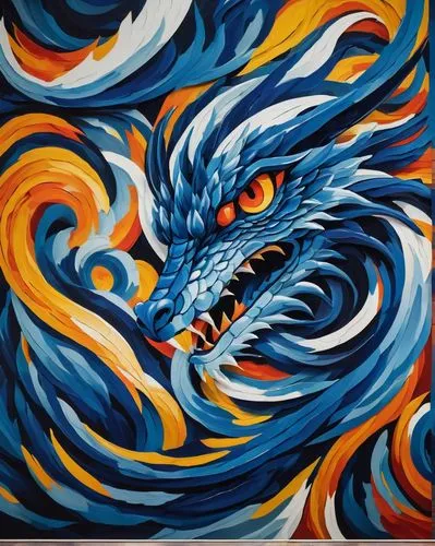 dragon swirling patterns of electric hues. fierce, with intense, glowing blue white and sharp, elongated features. mural  office,painted dragon,dragon design,amaterasu,jaggi,dragon,artabazus,fenrir,dr