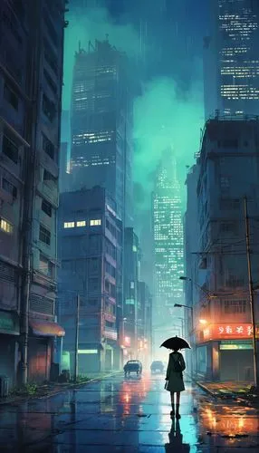 blue rain,rainfall,rainy,walking in the rain,cityscape,heavy rain,rainstorm,rain,downpour,tokyo city,world digital painting,rains,shinjuku,atmosphere,in the rain,atmospheres,monsoon,cyberpunk,rainy day,cloudstreet,Illustration,Japanese style,Japanese Style 03