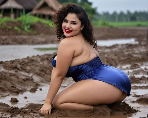 chubby,bbw,mud,blue dress,mudfun,young woman