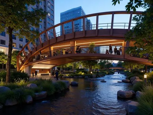 Vibrant pedestrian bridge, curved steel structure, warm wood accents, soft LED lighting, gentle river flow, lush greenery surroundings, urban cityscape, modern architectural design, durable weather-re