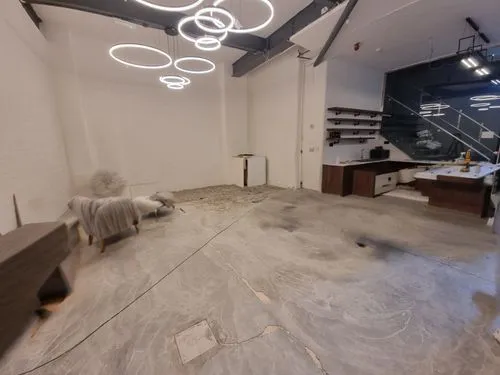 an image of a living room inside a warehouse,marazzi,ceramic floor tile,concrete ceiling,core renovation,cleanrooms,showroom