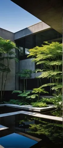 Im Pei architecture, modern, geometric, symmetrical, brutalist, concrete, glass, steel, minimalist, clean lines, angular shapes, open spaces, natural light, indoor plants, water features, reflection p