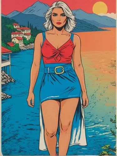 As soon as we arrive at our vacation destination, we shoot the first postcard photo: Lake Como and Alice in top form!,a woman is standing near the water and mountains,vassiliki,gokdeniz,botero,briator