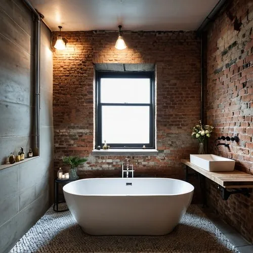 bathtub,modern minimalist bathroom,tub,luxury bathroom,bathtub accessory,bath,baths,tiled wall,bathroom,stone sink,red brick wall,bath accessories,washbasin,shower bar,sand-lime brick,bathroom sink,modern decor,contemporary decor,red brick,brownstone,Photography,General,Realistic