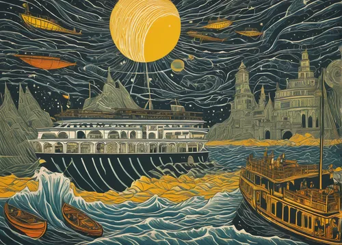 sea fantasy,ocean liner,vincent van gough,the carnival of venice,travel poster,cool woodblock images,vintage illustration,sci fiction illustration,royal yacht,ferryboat,troopship,woodblock prints,water taxi,waverley,ship travel,david bates,waterglobe,book illustration,luna park,the wind from the sea,Art,Artistic Painting,Artistic Painting 50