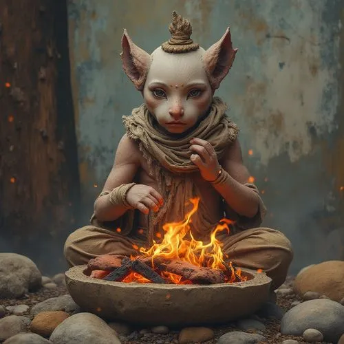 kaling,a person is wearing a weird mask sitting in front of a fire pit,sphynx,janmastami,homam,shamanic,tantrik,siddharta