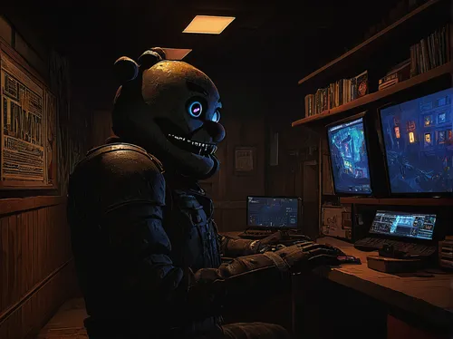 mute,cyberpunk,night administrator,penumbra,fallout4,man with a computer,fallout,computer room,gas mask,sci fiction illustration,research station,barebone computer,watchmaker,night watch,operator,game art,computer,quarantine,vigil,sci fi surgery room,Illustration,Retro,Retro 09