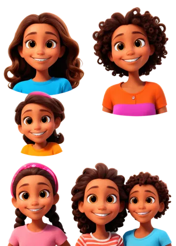 cartoon character, free copyright, colorful, simple design, big round eyes, smiling face, various hair styles, casual clothing, relaxed pose, vibrant colors, soft shading, 3/4 composition, warm lighti