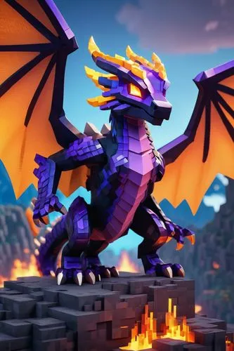 Realistic Minecraft Ender Dragon, majestic wings spread wide, fierce gaze, scales shimmering in dark purple and blue hues, powerful claws grasping the air, breathing fire, intense flames illuminating 