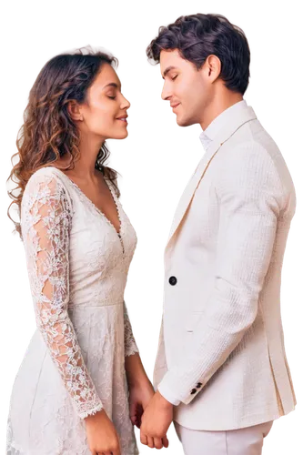 Couple, embracing, kiss, tender moment, soft focus, warm light, gentle smile, loving gaze, fluttering eyelashes, curly brown hair, sweet lips, soft skin, white lace dress, elegant suit, holding hands,