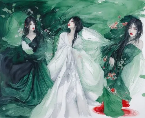 An amazing nude japanese young woman  with red lips and green eyes,some pretty girls dressed in green with flowers,norns,geishas,hanfu,dryads,kunqu,priestesses,Illustration,Paper based,Paper Based 20