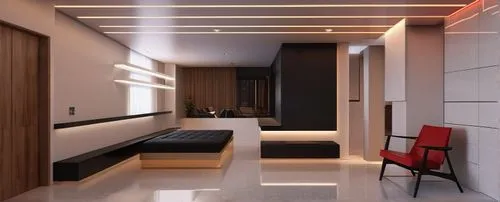 Change the floor to glossy white terrazo tiles, and the wall to black. Indirect lighting hangs from panel to panel on the ceiling. The furniture is also black in tone with indirect lighting. Change th