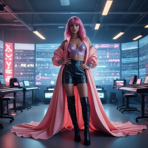 An AI female influencer in a cutting-edge music studio, surrounded by advanced sound equipment and holographic music notes floating around her. She’s composing a new track, with her followers watching