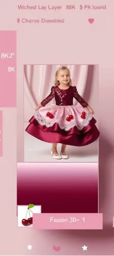 3d fashion drawing of satin dress for kids with sequin on the blouse with three lace layers with burgundy . first layer is light pink with cherries drawn on it.second layer is burgundy.third layer is 