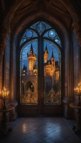 Fairy tale castle, Gothic style, intricate stone carvings, stained glass windows, grand entrance, ornate door, majestic spires, sparkling crystal chandelier, luxurious velvet drapes, golden accents, m