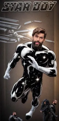 A handsome, muscular man with brown hair and a beard in a black latex body suit with white gloves,Legion of Super-heroes - Star Boy,steel man,fourstardave,retro frame,starkad,astrocytomas,startac,Comm