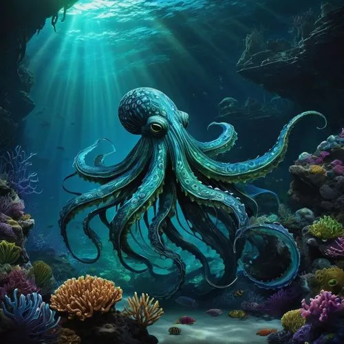 under sea,deep sea,kraken,god of the sea,undersea,underwater background,octopus,sea-life,cephalopod,under the sea,sea animal,marine biology,the bottom of the sea,sea god,calamari,underwater world,bottom of the sea,marine life,sea animals,marine animal,Conceptual Art,Fantasy,Fantasy 30