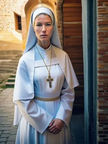 Hildegard, the day before her consecration as a nun in the idyllic monastery of Bingen, with a thoughtful look on her face as she prepares for the next step on her spiritual path.,a woman wearing a nu