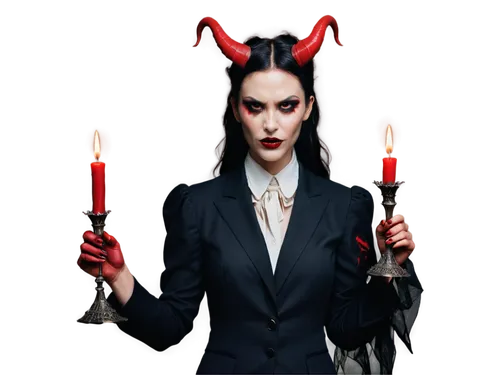 Devil, whispering, close-up, demonic face, horns, red skin, pointed ears, sharp teeth, sinister smile, glowing red eyes, messy black hair, dark wings, Victorian-style suit, holding a candle, dim light