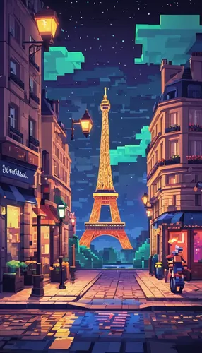 french digital background,paris,eiffel,paris cafe,paris clip art,cartoon video game background,paris shops,eiffel tower,pixel art,retro background,champ de mars,eifel,the eiffel tower,colorful city,trocadero,night scene,boulevard,evening city,background image,cityscape,Unique,Pixel,Pixel 03