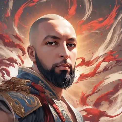 fantasy portrait,world digital painting,baozi,dragon li,xing yi quan,sun god,vladimir,custom portrait,zeus,game illustration,digital painting,god of the sea,red sun,game art,fantasy art,cg artwork,portrait background,fury,sea god,monk