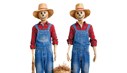 Scarecrow, Halloween decoration, straw-stuffed body, worn denim overalls, red plaid flannel shirt, straw hat, rusty farm tools, autumn leaves, hay bales, solo, daytime, natural light, shallow depth of