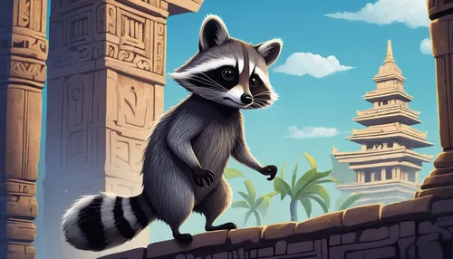 Design a raccoon cartoon character exploring an ancient temple.,madagascar,karnak,north american raccoon,ring-tailed,lemur,skunk,raccoon,ring tailed lemur,striped skunk,raccoons,mustelidae,game illust