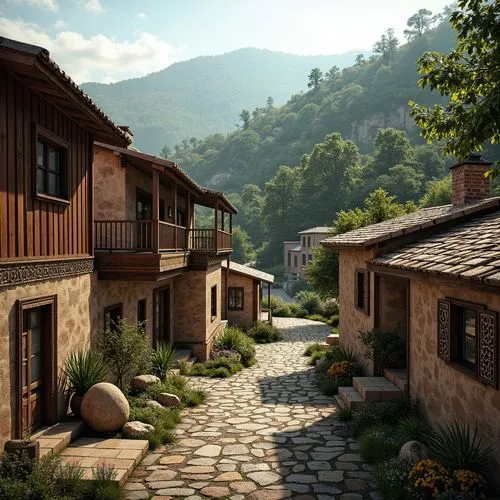 Rustic rural landscape, rolling hills, dense forest, meandering streams, traditional vernacular buildings, wooden structures, pitched roofs, earthy tones, natural materials, local stone walls, clay ti