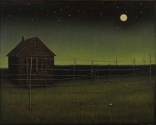 night scene,pasture fence,farm landscape,gable field,rural landscape,moonlit night,farmstead,david bates,home landscape,straw hut,grant wood,prairie,carol colman,straw field,at night,lonely house,hanging moon,bill woodruff,farmhouse,unfenced,Art,Artistic Painting,Artistic Painting 02