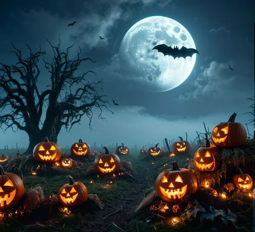 scary Halloween bats in a foggy field of pumpkins on Halloween night  with a full moon
,a group of pumpkins in a field at night,halloween background,halloween wallpaper,haloween,halloween scene,hallow