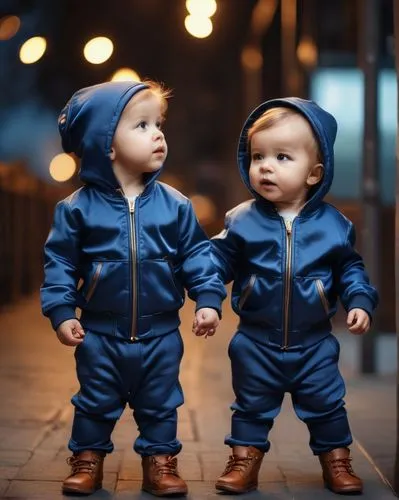 Two little toddlers, both wearing caps, one with a small gray hoodie, a backpack, wide-legged pants, and tall brown shoes,
 the other in a dark blue shiny jacket and a full pants with straps, looking 