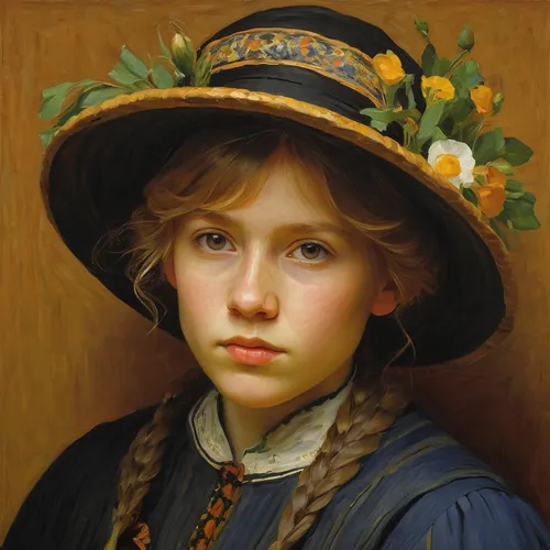 portrait of a girl,child portrait,girl portrait,girl wearing hat,young girl,mystical portrait of a girl,young woman,girl in a wreath,portrait of a woman,bouguereau,woman's hat,girl with bread-and-butter,girl picking flowers,young lady,woman portrait,the hat of the woman,vintage female portrait,the hat-female,portrait of christi,girl with cereal bowl,Art,Classical Oil Painting,Classical Oil Painting 20