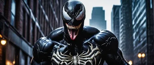 Venom costume, male, muscular, black spider symbol, white eyes, sharp teeth, long tongue, ripped muscles, detailed skin texture, dark urban alleyway, city skyscrapers, rainy night, misty atmosphere, d