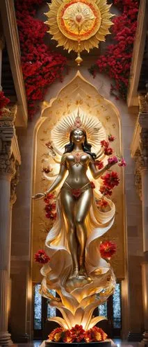 As the grand temple comes alive in the midst of chaos, a majestic celestial sculpture emerges from the chaos. The sculpture gracefully soars over the walls of the temple, her intricate details burstin