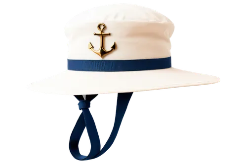 Sailor's hat, white canvas, wide brim, navy blue ribbon, golden anchor emblem, soft fabric texture, slightly worn, casual sloppy pose, morning sunlight, 3/4 composition, shallow depth of field, warm c