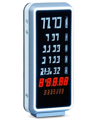 LED display, modern electronic device, sleek design, silver casing, glass screen, bright white LED lights, vertical layout, multiple rows, numeric digits, flashing indicator lights, metallic buttons, 