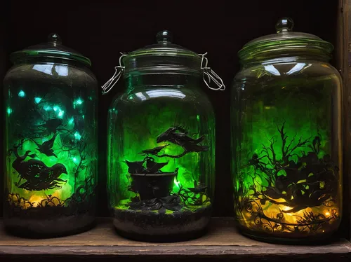 Describe the dark and eerie atmosphere of a haunted mansion filled with mysterious jars in Oxford.,fairy lanterns,fireflies,terrarium,potions,glass containers,glass jar,jars,aquarium decor,mason jars,